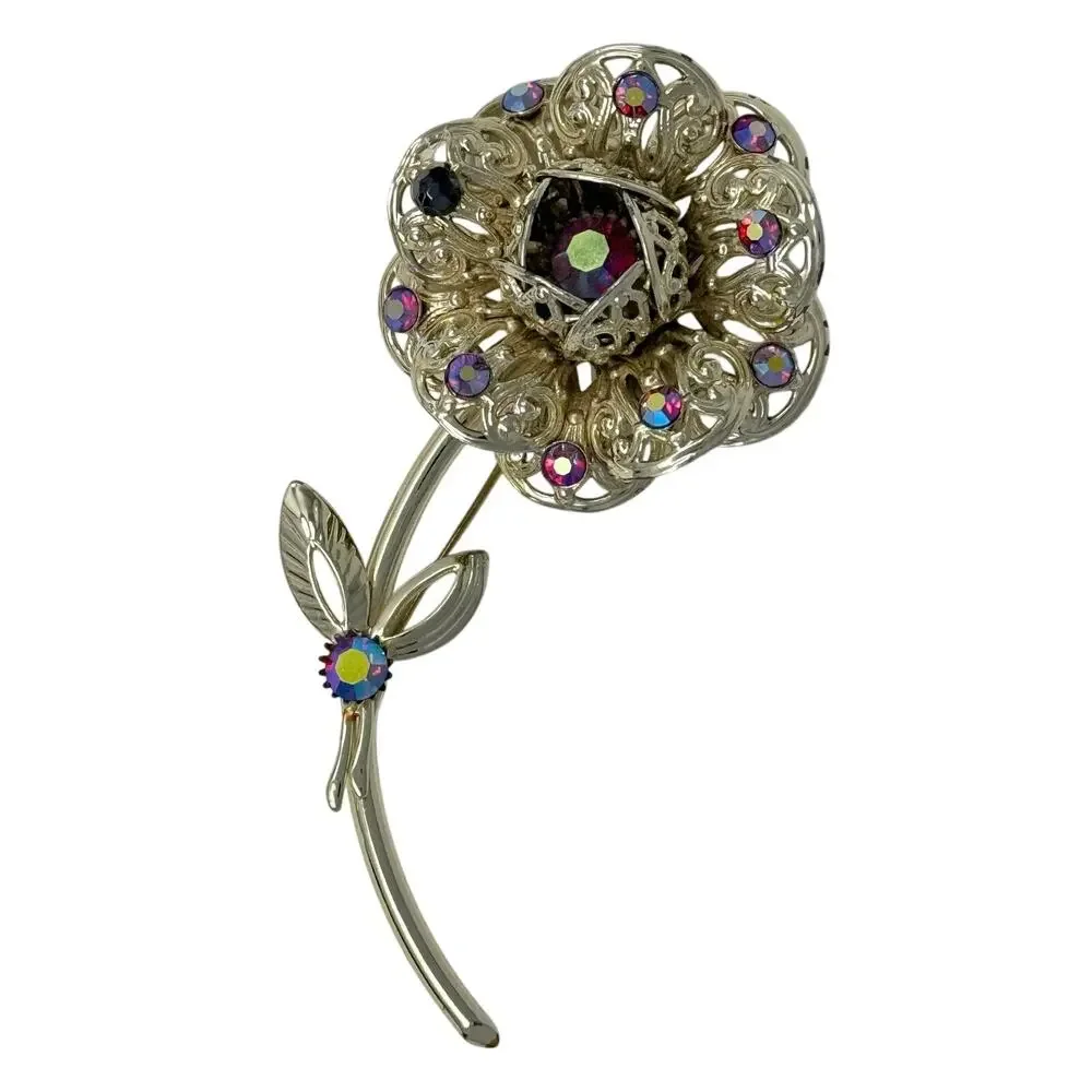 Vintage 80s Sarah Coventry Floral Rhinestone Brooch Silver Tone Pin